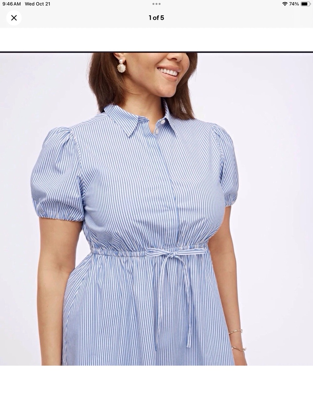 J. Crew Blue and White Pinstripe Puff-Sleeve Midi Dress
